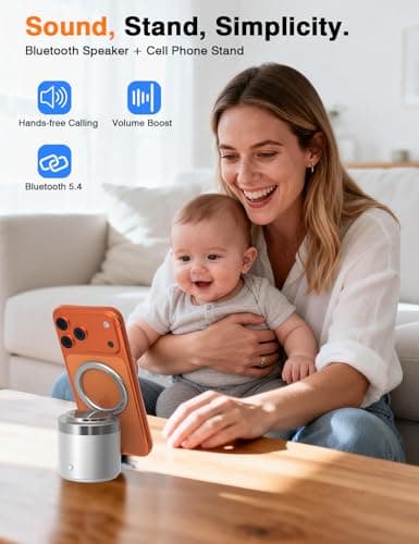 EWA Wireless Bluetooth Speaker with Secure Magnetic Phone Stand, HD Surround Sound & Anti-Slip Base | Hands-Free Magnetic Holder for Desk, Kitchen, Home Workout - Gift Ideal for Men Women (Silver) - Thumbnail 3