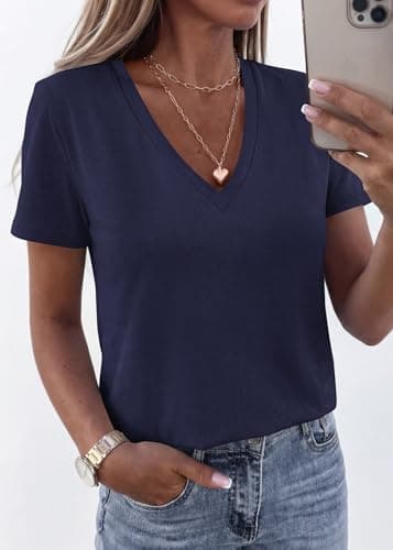 KIRUNDO V Neck T Shirts for Women Summer Tops Oversized Spring Short Sleeve Casual Basic Tees Tunic Blouse Fashion Clothing(Navy Blue, Small) - Thumbnail 2