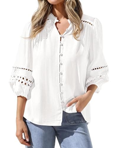 BTFBM Summer Tops for Women 2026 Eyelet Top 3/4 Length Sleeve Dressy Casual Blouses Spring Boho Button Down Shirts(White, Medium) - Image 1