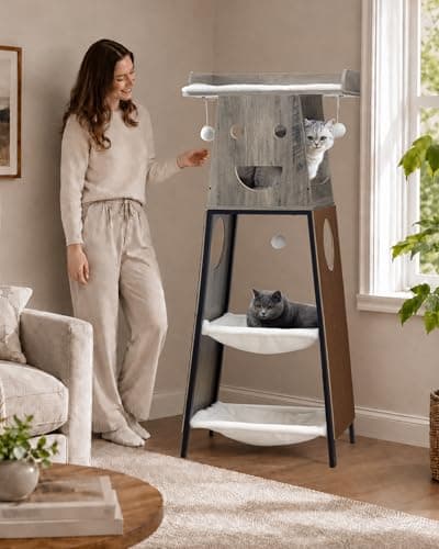Feliskyn Modern Wood Cat Tree for Indoor Cats, 56 Inch Tall Cat Tower with Hammock, Multi-Level Trees with Perch Bed, 2 Hammock, Cat Condo, Scratching Board, Removable Pads, Cat Furniture, Greige - Thumbnail 2