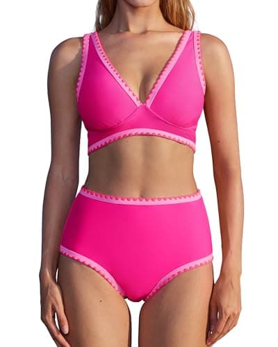 MOOSLOVER Women Bikini Sets Plunging High Waisted Swimsuit Whip Stitch 2 Piece Bathing Suits(M,Pink) - Image 1
