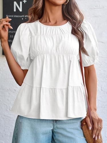 Tankaneo Womens Puff Sleeve Peplum Babydoll Tops Summer Smoked Pleated Cotton T-Shirts Casual Loose Fit Flowy Blouse White - Thumbnail 3