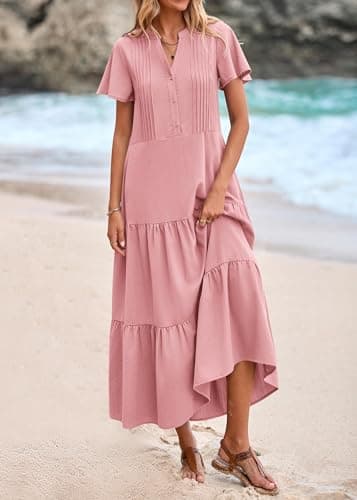 KIRUNDO Summer Maxi Dresses for Women 2026 Spring Fashion Short Sleeve Button V Neck Pleated Loose Tiered Swing Flowy Dress(Pink, Medium) - Thumbnail 3
