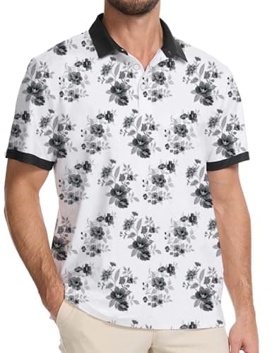 Actflare Golf Shirts for Men Dry Fit Moisture Wicking Short Sleeve Performance Print Polo Shirts Ink Flower,XXL