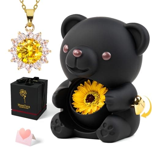 mountova Gift for Her Lucky Bear with Sunflower, Sunflower in Elegant Gift Box with Necklace for Women, Bear Gifts for Mother's Day Valentine's Day Anniversary Weddings Birthday,Christmas, Black - Image 1