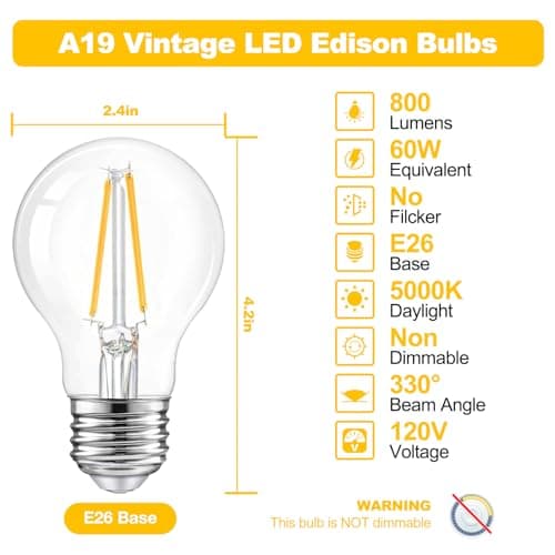dalattin A19 Vintage LED Edison Bulbs, 60W Equivalent Light Bulbs, 2700K Soft White, Clear Glass Filament Bulb, Efficient 8W, E26 Base, 800 LM, CRI80+, Non-Dimmable for Home, Farmhouse, 24 Pack - Thumbnail 2