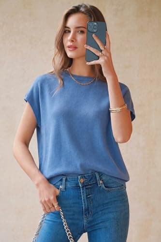 Arach&Cloz Womens Spring Blue Summer Blouse Short Sleeve Oversized Sweaters Capsule Wardrobe 2026 Cashmere Lightweight Crew Neck Business Casual Work Tops Teacher Outfits Fashion Trendy S - Thumbnail 3