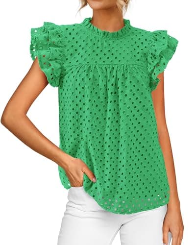 BTFBM Casual Summer Tops for Women 2025 Short Ruffle Sleeves Shirts Crew Neck Hollow Out Lace Embroidered Blouses(Green,XX-Large) - Image 1
