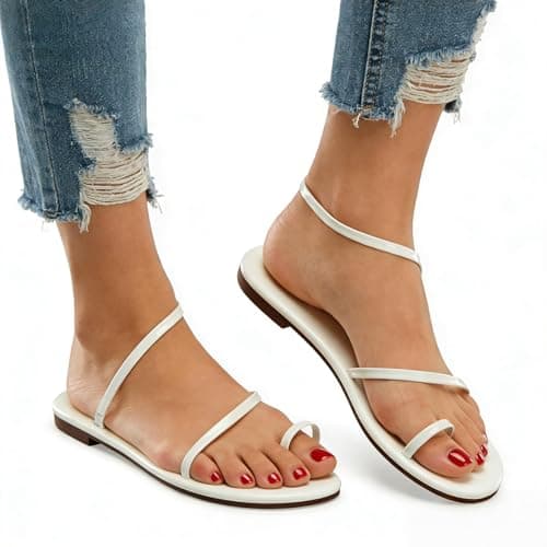 Strappy Greek Flat Sandals for Women Dressy Beach Slip-On Shoes | Unique Strap Design, Non-Slip Sole, Pearlized Leather Upper, Dressy Strappy Sandals for Casual, Beach, Everyday Wear White Patent - Thumbnail 3