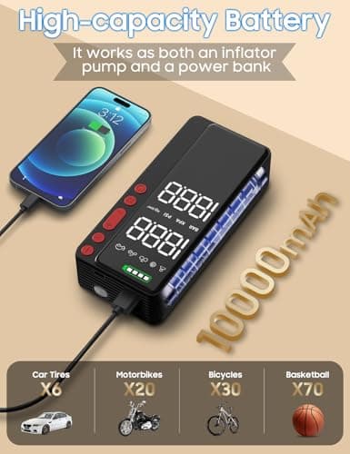 MATULSA Smart Tire Inflator Portable Air Compressor, APP Control Air Pump For Car Tires, 10000mAh, 4X Faster 150PSI Bike Pump with All-in-One Storage, LED Light & Auto Shut-Off for Motorcycles - Thumbnail 4