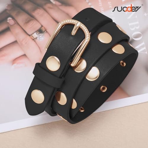 SUOSDEY Women Studded Belt Fashion Leather Belt Ladies Waist Belt Silver Gold Buckle Belt for Jeans Pants Dresses - Thumbnail 6