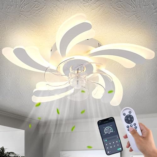 Dalouguan Ceiling Fan with Lights Remote Control, White Flower Ceiling Fan with Light, 3 Light Color 6 Speeds Low Profile Flush Mount Ceiling Fan for Kitchen Bedroom Living Room