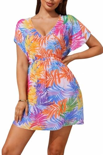 Women's Tropical Leaf Print V-Neck Beach Swim Cover-Up – Short Sleeve Loose Fit (Tropical Multicolor, XXL) - Image 1