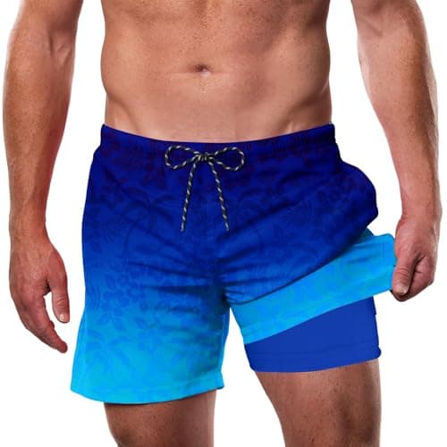 Cozople Mens Swim Trunks with Boxer Brief Liner 5.5" 2 in 1 Bathing Suit Gradient Palm Tree Athletic Shorts Compression Inner Quick Dry Swimsuit with Pocket Pool Water Park Daily Leisure Home Walks - Image 1