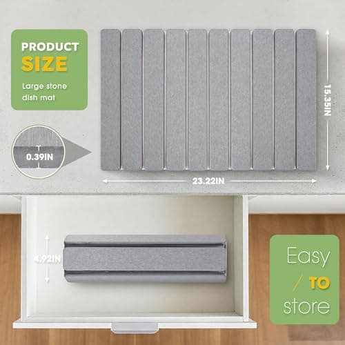 HABUTWAY Large Stone Dish Drying Mat for Kitchen Counter – 24"×16" Collapsible Diatomaceous Earth Mat, Ultra Absorbent & Quick Dry, Foldable Drying Pad for Dishes, Bottles, Cups (Light Grey) - Thumbnail 3