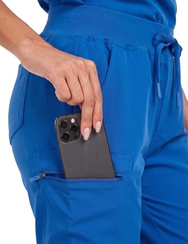 VECARDI Women's Scrub Jogger Pants High Waisted Stretch Nurse Work Bottoms 5 Pockets Elastic Waist Slim Fit Royal Blue - Thumbnail 3