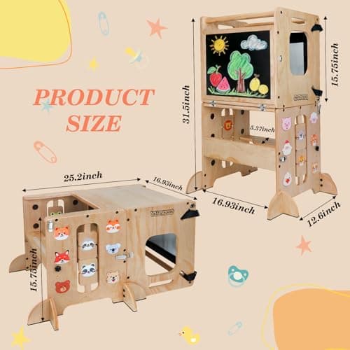 Toddler Tower Foldable, Animal Magnets Learning Kids Kitchen Step Stool, 4-in-1 Toddler Standing Tower with Blackboard, Anti-Tip Safety Feet, Foldable Wooden Helper for Ages 1–4 (CPC Certified) - Thumbnail 3