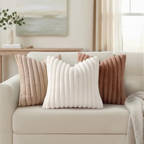Simmore Faux Fur Couch Throw Pillow Covers 18x18 Set of 2, Decorative Soft Striped Plush Pillow Covers with Velvet Back for Sofa Bed Living Room, Cream White - Thumbnail 6