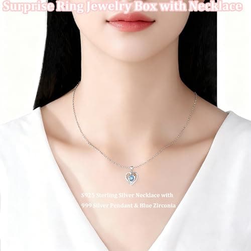 Weijimir S925 Silver Necklace Heart-shaped Pendant with Blue Zirconia, Surprise Flip Little Bear Cake Rotating Jewelry Ring Box for Proposal, Engagement Wedding Birthday (White Ring Box + Necklace) - Thumbnail 3