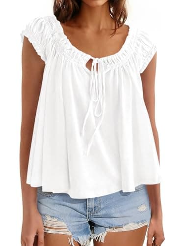 Beloyoni Womens Summer Babydoll Flowy Tank Tops Tie Front Ruffle Cap Sleeve Blouses Cute Going Out Dressy Shirts White M - Image 1