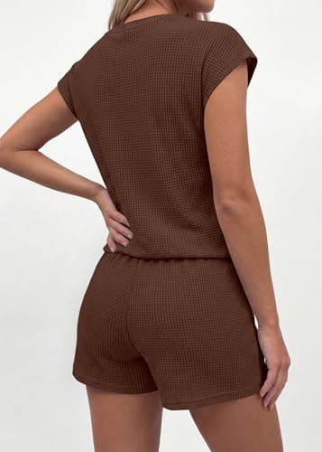 KIRUNDO Two Piece Sets For Women Summer 2026 Cap Sleeve Short Set Waffle Knit Matching Lounge Drawstring Vacation Outfits(Brown, XX-Large) - Thumbnail 3