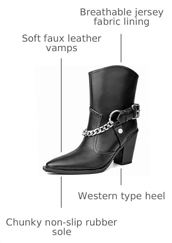 feetquake Ankle Boots for Women Block Heels Western Boots Comfortable Black Cowgirl Boots Women 6M - Thumbnail 3