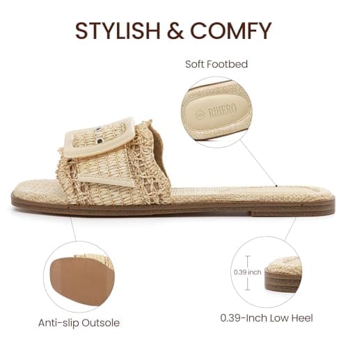 Rihero Raffia Flat Sandals for Women Dressy Slip On Beach Slides Square Toe Buckle Summer Fashion Woven Sandals Natural Size 8 - Thumbnail 4