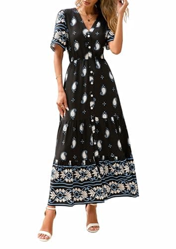 PRETTYGARDEN Womens Summer Boho Maxi Dress 2026 Trendy Short Sleeve V Neck Flowy Beach Floral Dresses with Pockets (Black White Flower,Large) - Image 1