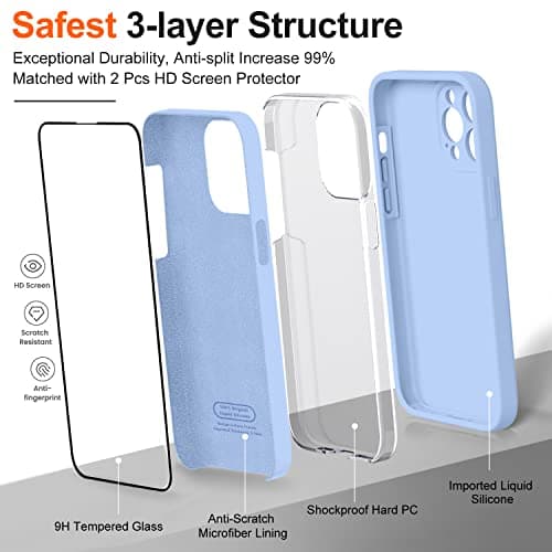 TISOOG Compatible with iPhone 14 Pro Max case, with 2 Pcs 9H Tempered Glass Screen Protector, [Camera Protection][Microfiber Lining] Slim Shockproof Silicone Case for iPhone 14 Pro Max, Light Blue - Thumbnail 4