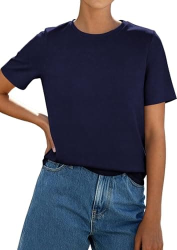 PRETTYGARDEN Womens Short Sleeve Tops Summer 2026 Casual Crewneck Cotton Basic Tee Shirts Fashion Clothing Spring Outfits(Navy,Medium) - Thumbnail 4