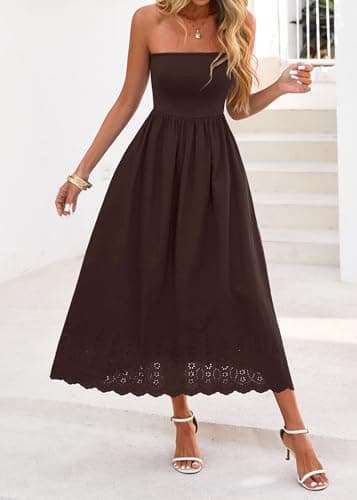Lazysmile Summer Boho Maxi Dress for Women Strapless Tube Top Lace Trim A Line Beach Casual Long Dress Brown - Thumbnail 5