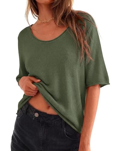 BTFBM Sweaters for Women 2026 Summer Oversized Half Short Sleeve Knitted Pullover V Neck‌ Casual Loose Fit Spring Tops(Army Green, XX-Large) - Image 1