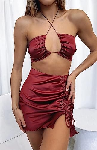 ZAFUL Women Satin Mini Skirts Sexy High Waisted Ruched Silk Bodycon Split Zipper Short Skirt (Red, L) - Thumbnail 2