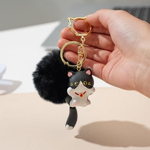 Jekvill Cat Keychain Pom Pom KeyChain Cute Keychains for Women Bag Charms Kawaii Cat Backpacks Accessories bag charms - Thumbnail 5