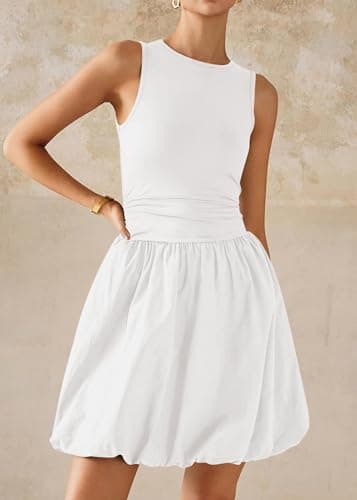 KIRUNDO Summer Bubble Dress for Women 2026 Casual Mini Spring Bodycon Cocktail Dresses Sleeveless Drop Waist Sundress Beach(Beige White, X-Large) - Thumbnail 3