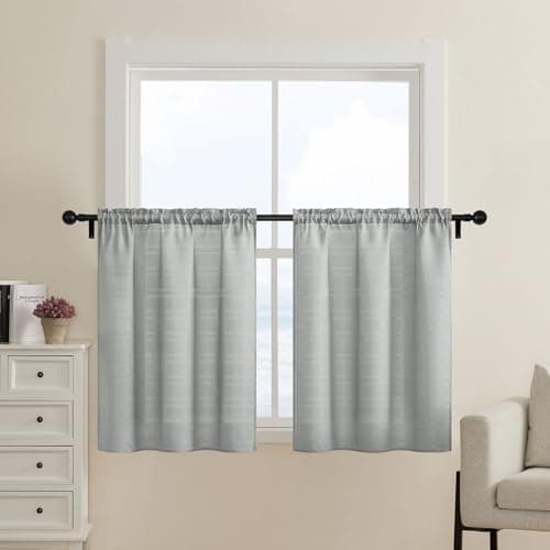 Home Queen Water Repellent Waffle Tier Curtains for Bathroom Window, Half Window Drapes for Kitchen, 30 W X 45 L Inch Each, Solid Grey