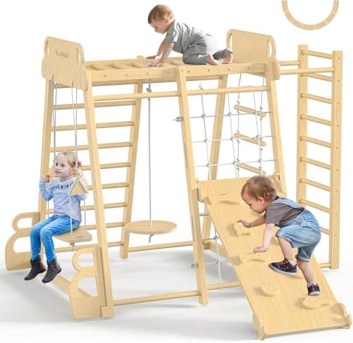 BlueWood Upgraded Indoor Jungle Gym 9-in-1 Playground Kids Climbing Toys, Waldorf Style Wooden Climber Playset with Slide, Swing, Monkey Bars, Upright/Rope Ladder, Climb Net, Natural Wood Color