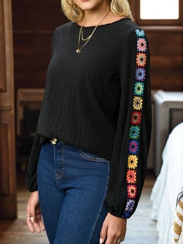 Halobelle Womens Tops Dressy Embroidered Tops for Women Trendy Long Sleeve Shirt Mexican Blouse Fall Peasant Top(Black Medium) - Thumbnail 3