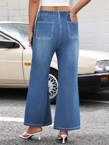 HDLTE Wide Leg Jeans Woman High Waisted Trendy Pull On Elastic Waist Drawstring Stretchy Denim Jean Pants with Pockets，Light Blue，M - Thumbnail 2