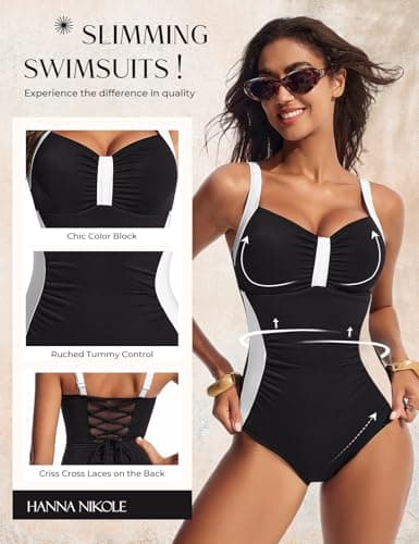Hanna Nikole Women Slimming Tummy Control 1 Piece Swimsuit Sexy Long Torso Retro Bathing Suit High Support Swimwear Black White Large - Thumbnail 3