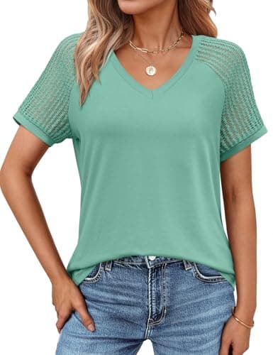 JUSTFASHIONNOW Short Sleeve Blouses for Women Cute Summer Tops Dressy Casual V Neck Tshirts 2026 Trendy Spring Clothes（Cadet Blue,Small - Thumbnail 2