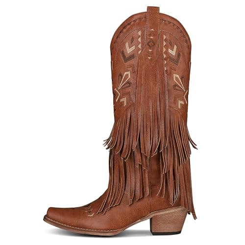 SaraIris Women's Cowgirl Boots Knee High Fringe Boots Tassel Western Boots Classic Embroidered Boots Chunky Heel Pointed Toe Pull On Cowboy Boots for Women - Thumbnail 4
