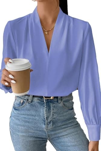 EVALESS Womens Tops Trendy 2026 Long Sleeve V Neck Blouses for Women Dressy Casual Shirt Summer Business Outfits Ladies Elegant Work Dress Clothing Sky Sky Blue X-Large - Image 1