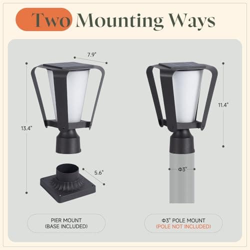 VZVI 1 Pack Solar Post Lights Outdoor with Pier Mount Base, 13.4" Solar Lamp Post Light with Glass, Pole Lights Outdoor Waterproof, Dusk to Dawn Modern Pillar Light for Columns (E26 Bulb Included) - Thumbnail 3