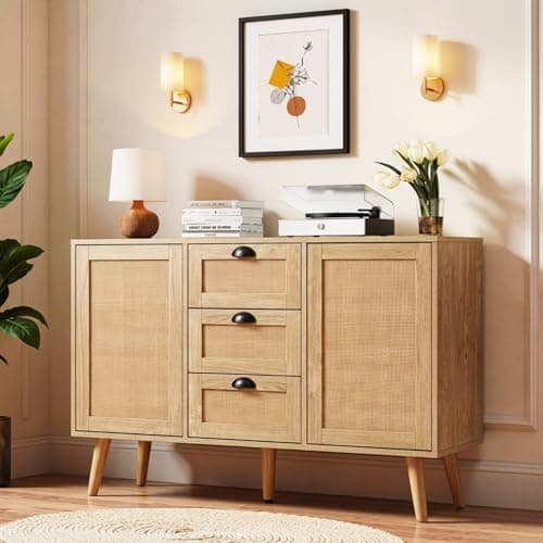 GREEN PARTY 47.2" Natural Rattan Sideboard Buffet Cabinet with Storage,Boho Storage Cabinet with with 3 Drawers & 2 Doors, Credenza Coffee Bar Cabinets for Living Room, Hallway & Kitchen - Image 1