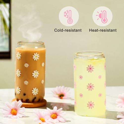 KMCCUMBER Cute Glass Cups with Lids and Straws, Teen Girl Birthday Gifts Daisy Iced Coffee Cup, Pink Aesthetic Mug Tumbler for Mothers Day Christmas Valentines Coffee Lover 16oz - Thumbnail 5