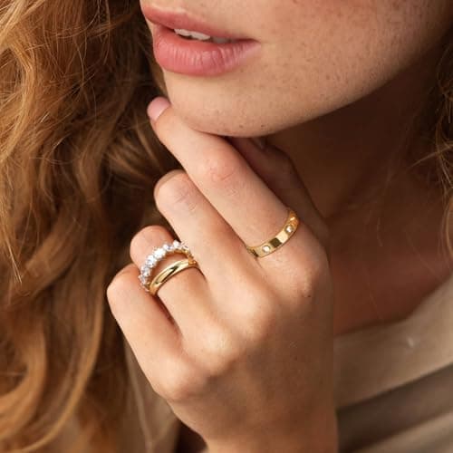 Stackable Gold Rings for Women - 3Pcs 18K Gold Plated Ring, Stainless Steel Cubic Zirconia Band, Waterproof Non-Tarnish Minimalist Jewelry Daily Fashion Birthday Valentines Day Gift for Her Girlfriend - Thumbnail 3
