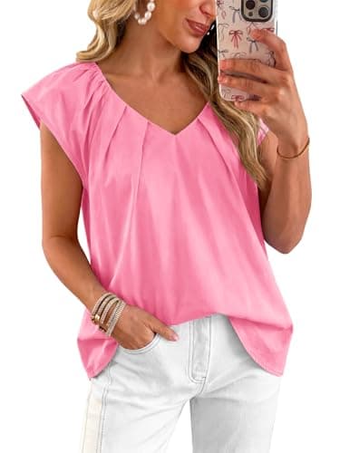 Tankaneo Womens Cap Ruffle Sleeve Tops Summer Dressy Casual V Neck Pleated Blouses Loose Fit Cotton Shirts Pink - Image 1