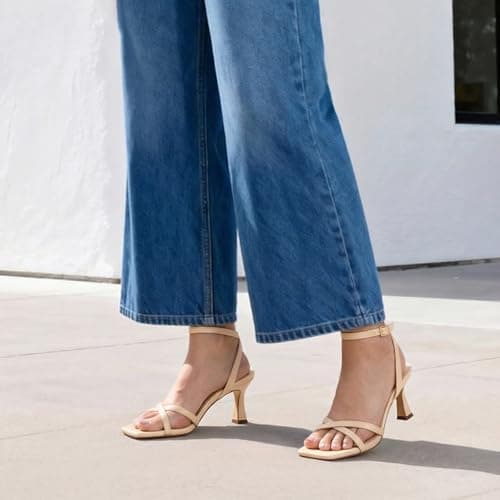 Athlefit Nude Kitten Heels for Women Strappy Square Open Toe Heeled Sandals Ankle Strap Summer Dressy High Heels for Prom Party Wedding Size 9.5 - Thumbnail 3