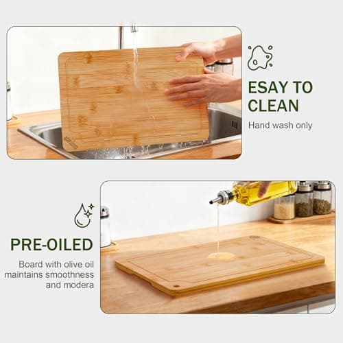 Bamboo Cutting Boards for Kitchen, 2-Piece Wood Cutting Board Set with Juice Grooves & Built-in Handles, Easy Storage & Clean Chopping Board for Meat, Vegetables, Fruit - Thumbnail 6